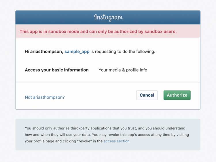Authentication screen for a sandbox app to generate an Instagram Access Token